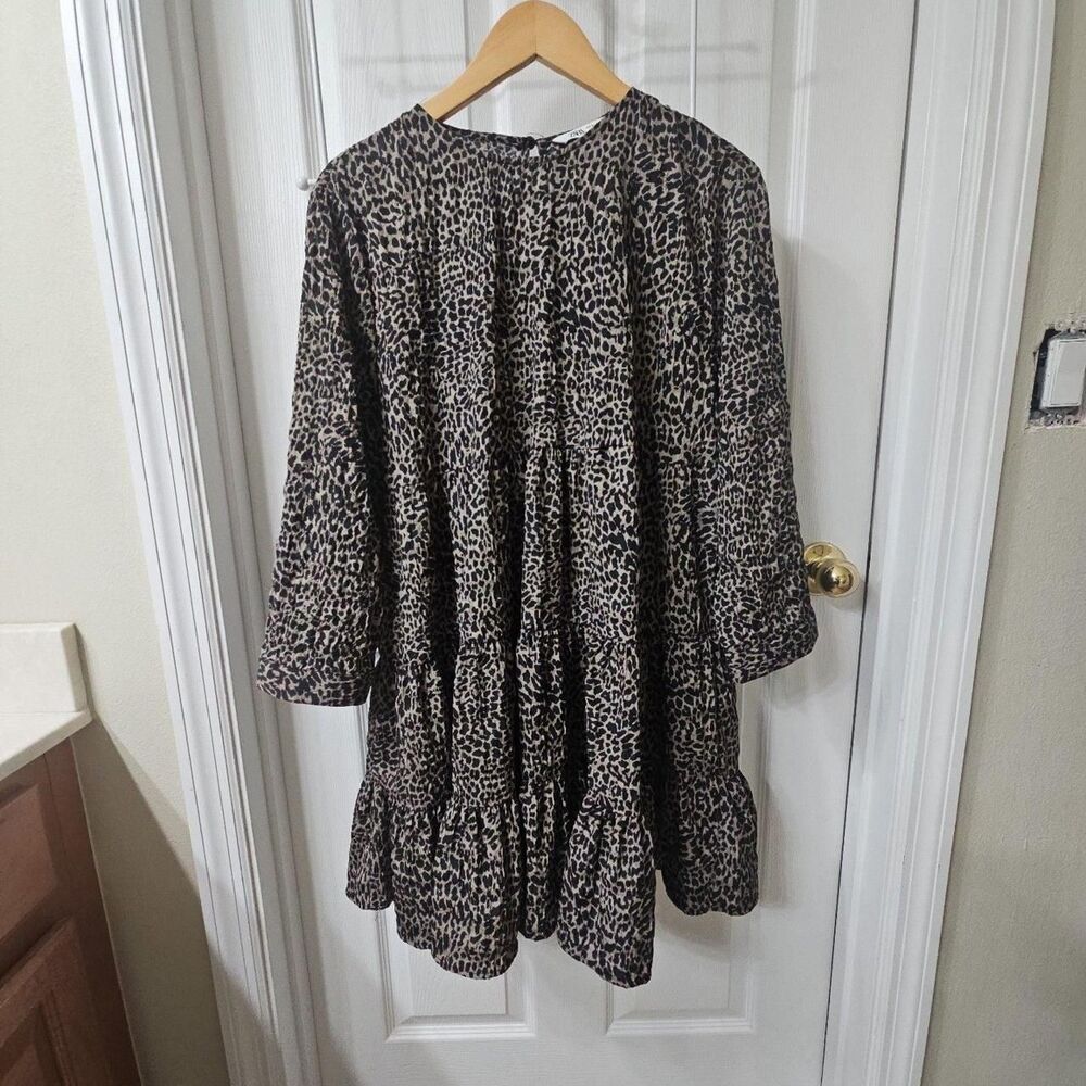 Zara Leopard Print Tiered Babydoll Long Sleeve Mini Dress